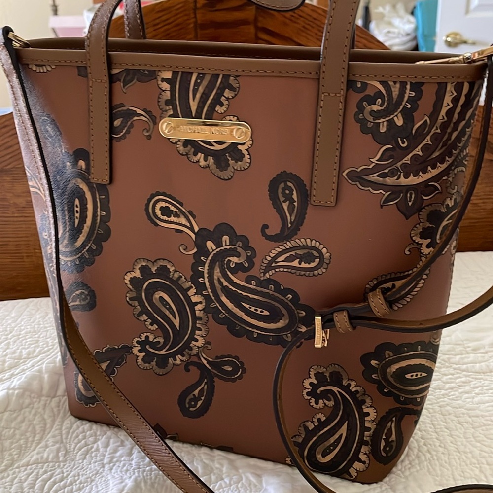 Michael Kors Emry brown paisley Saffiano leather  Zip Top Tote bag cross body
